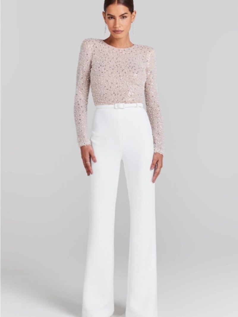 Nadine Merabi Misha White Jumpsuit Sequin Top With High-Waist Wide-Leg